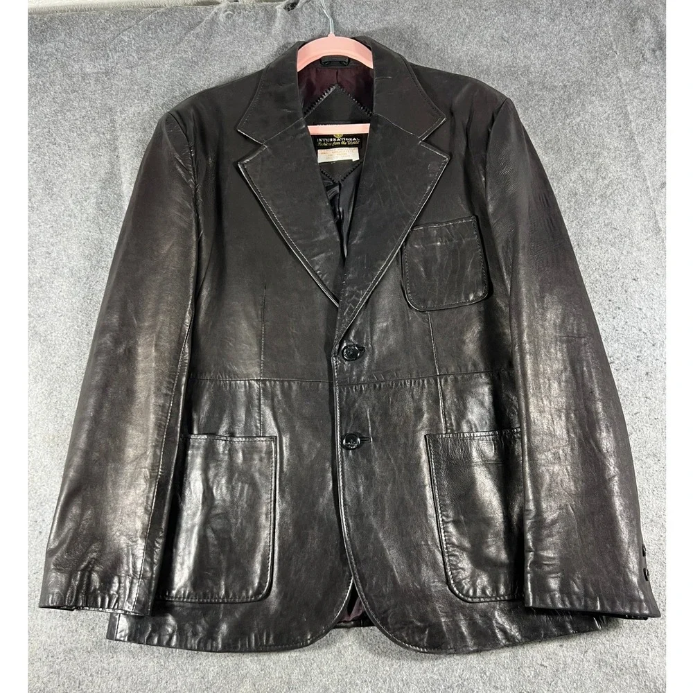 Vintage Fantastic International Leather Blazer Jacket Mens 44 Black Sport Coat